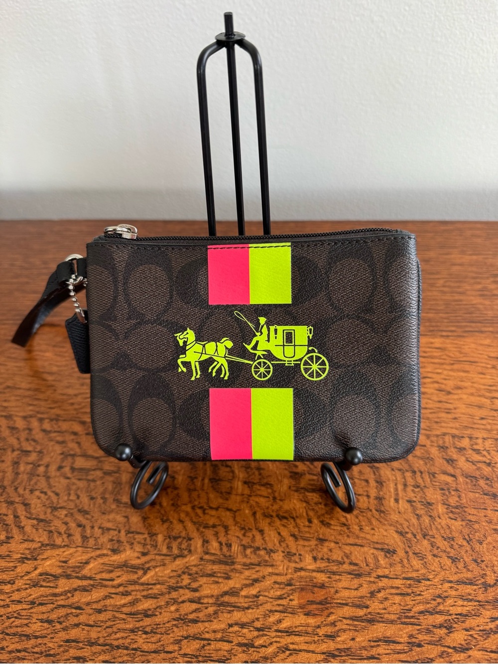 Coach Signature Neon Horse & Carriage Stripe Wristlet